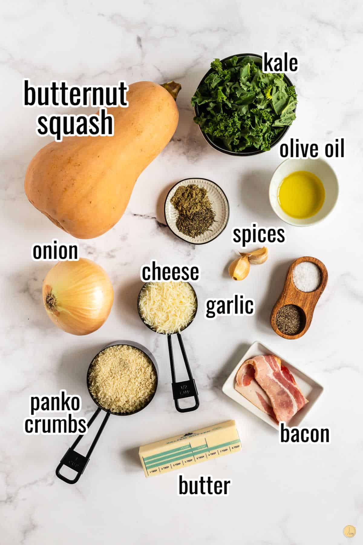 ingredients for butternut squash casserole with labels