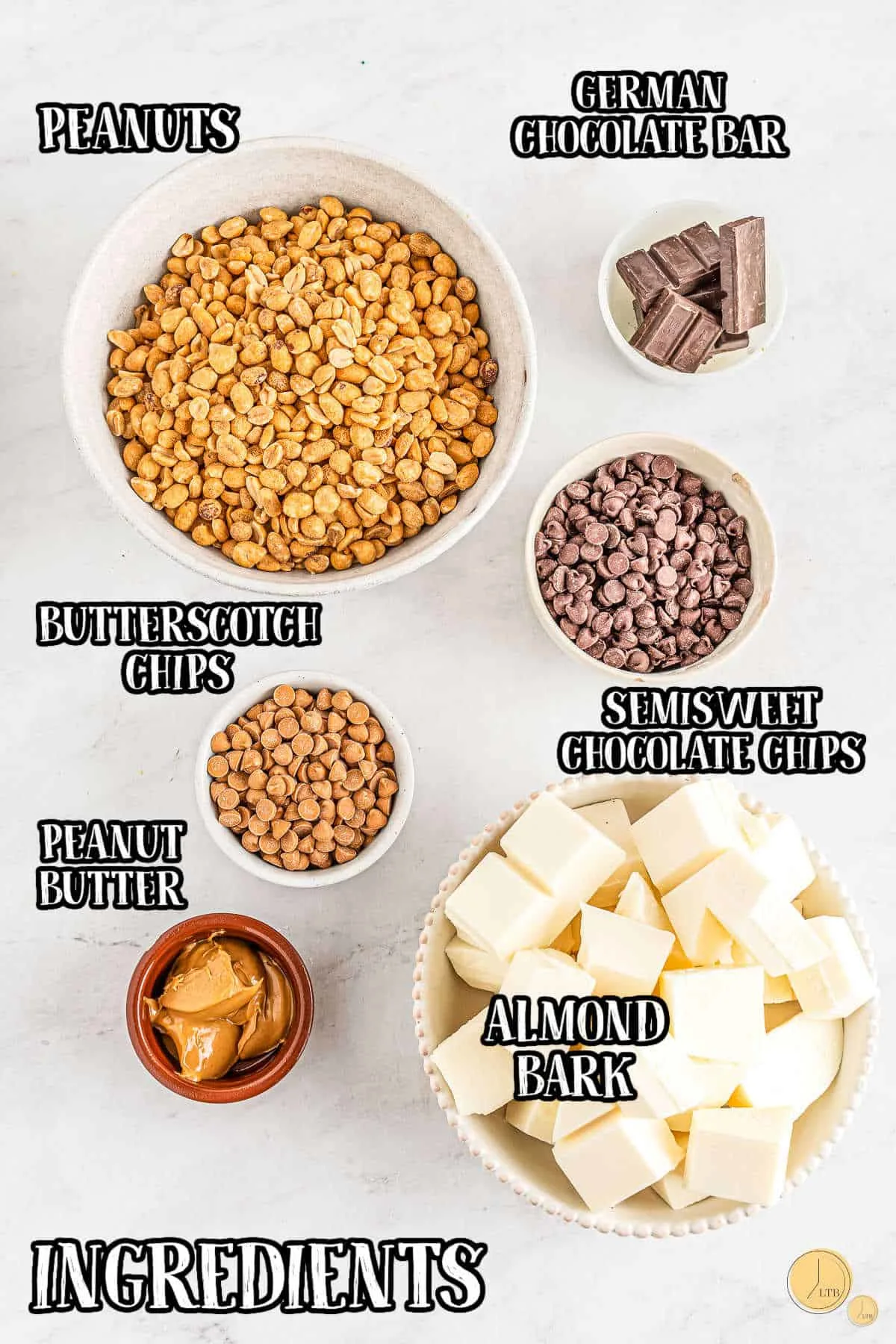 labeled picture of crockpot peanut cluster ingredients
