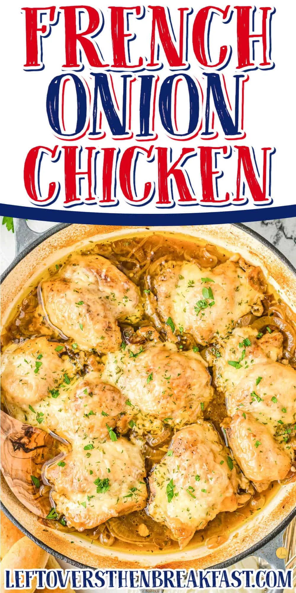pan of chicken with text "french onion chicken"