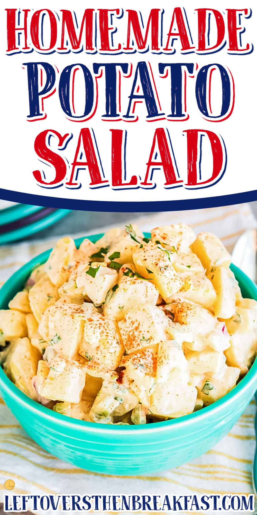 spoon of potato with text "the best potato salad"