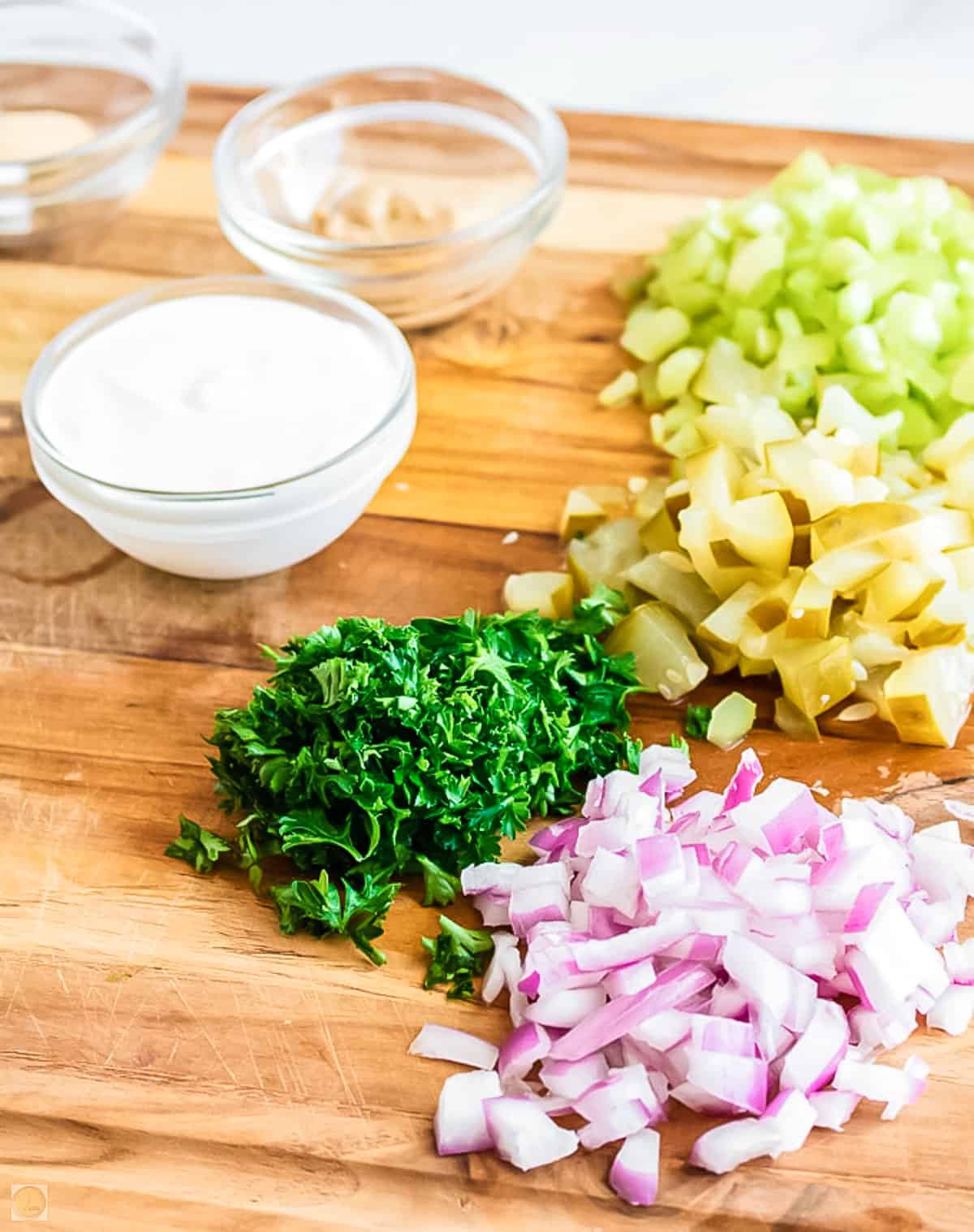 chopped ingredients on a board