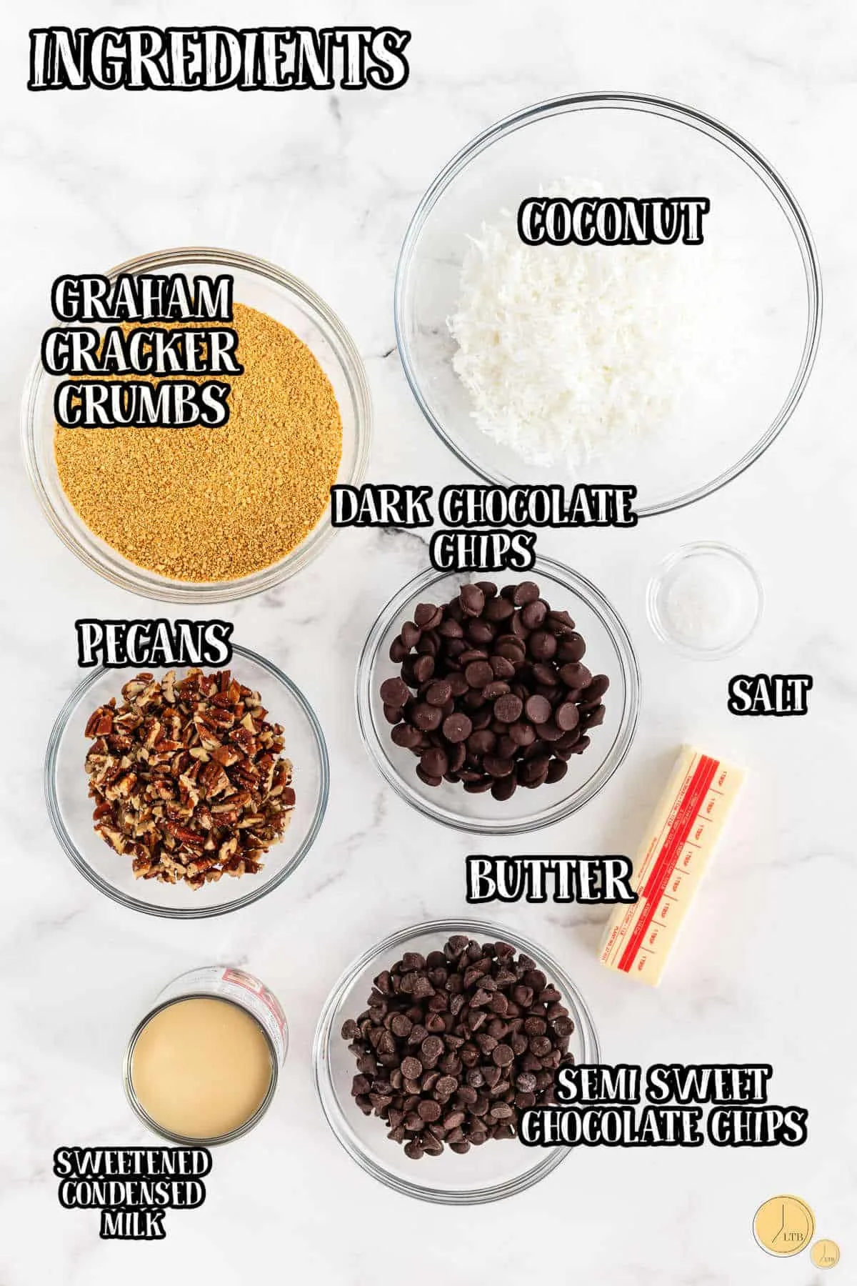 labeled picture of ingredients for 7 layer bars
