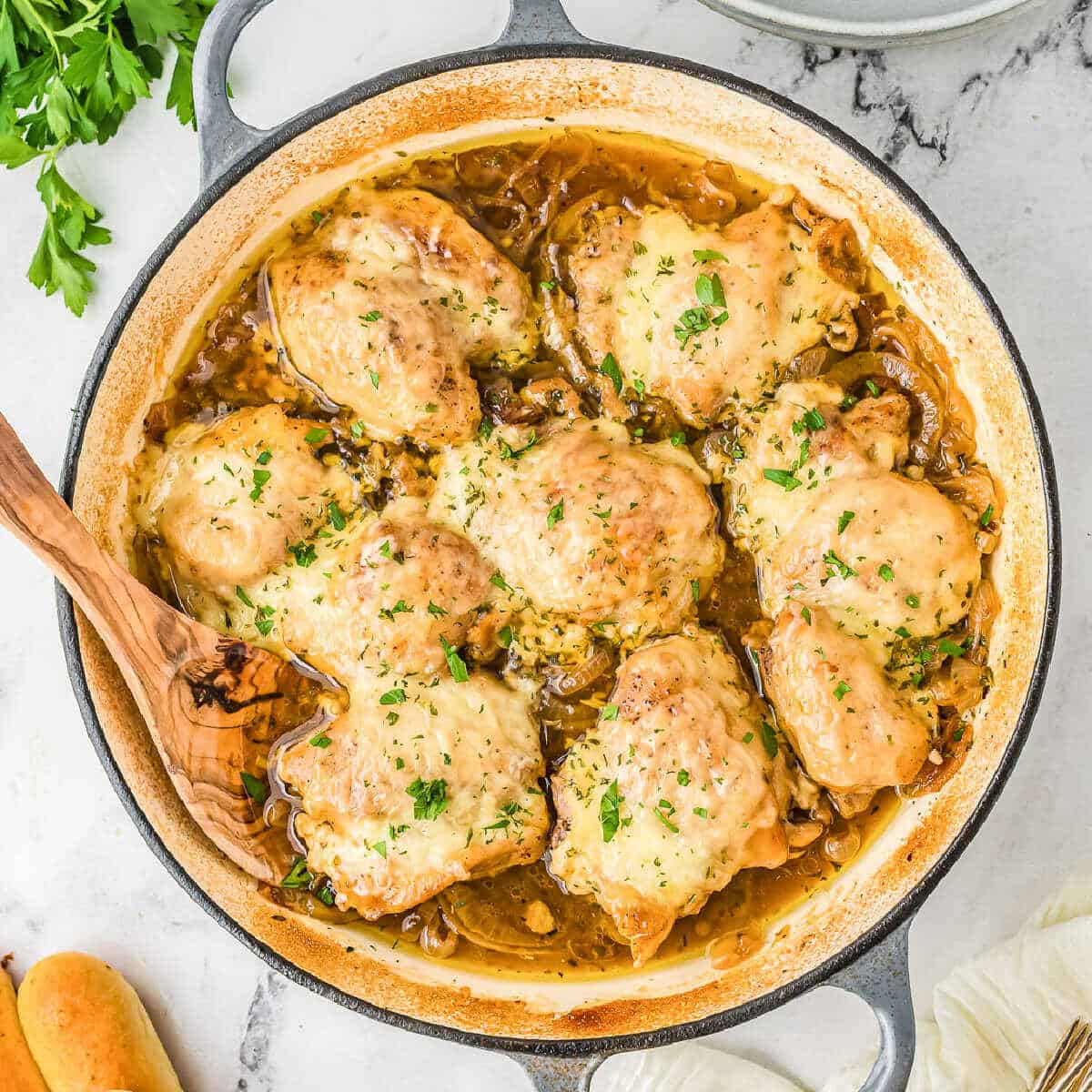 skillet of french onion chicken