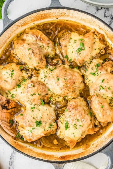 skillet of french onion chicken
