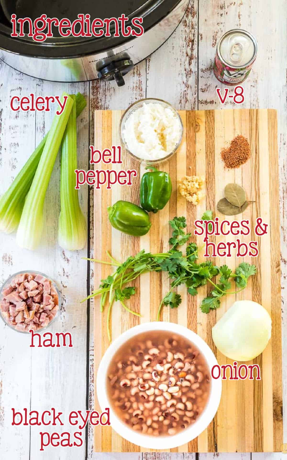 labeled picture of hoppin john ingredients