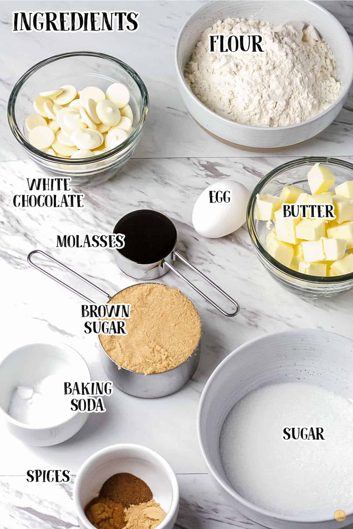 labeled picture of ginger molasses cookie ingredients