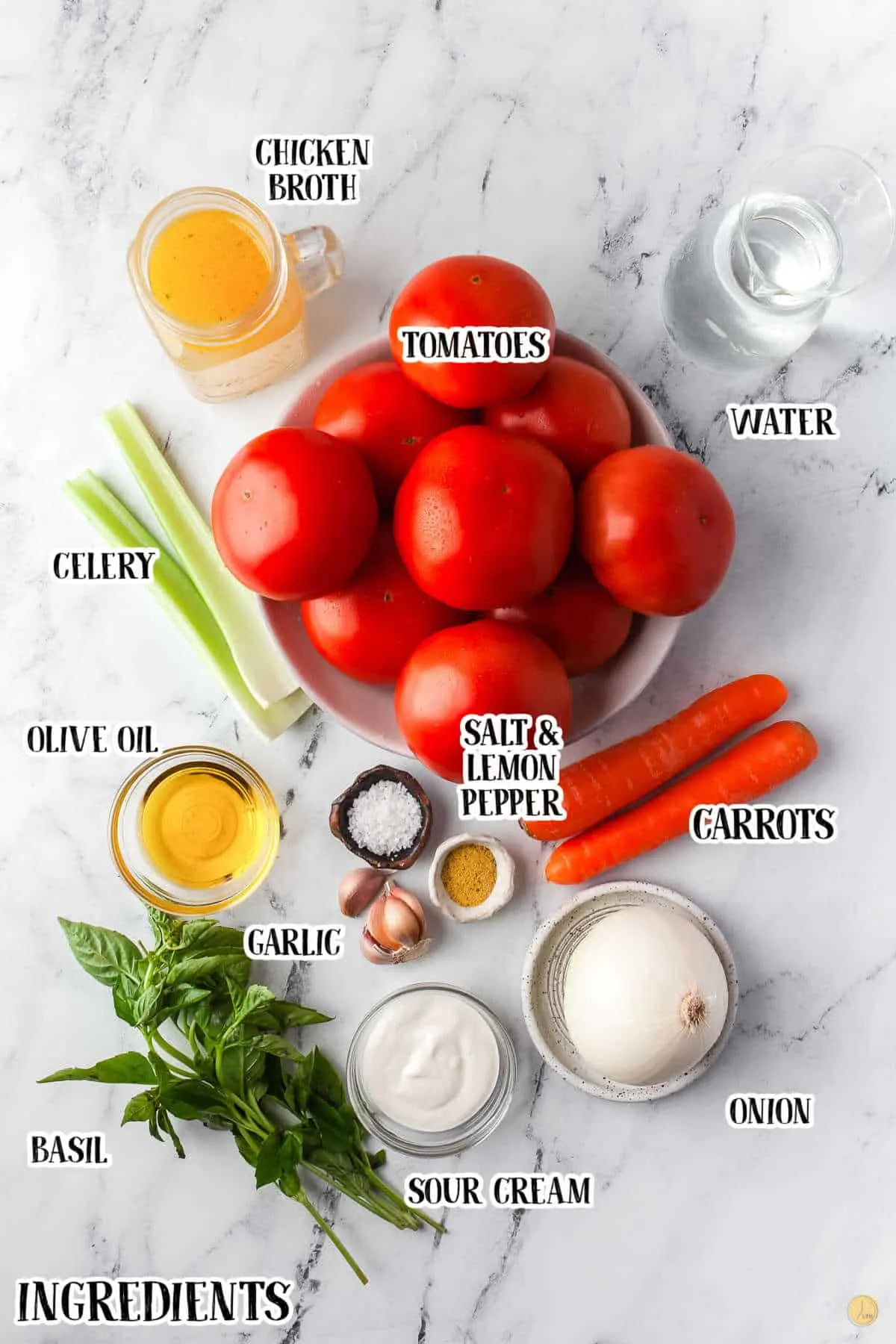 labeled picture of tomato basil soup ingredients
