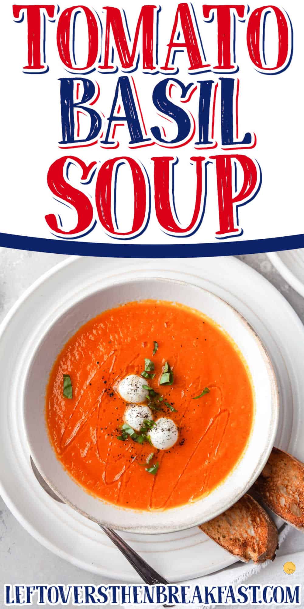 bowl of soup with text "tomato basil soup"