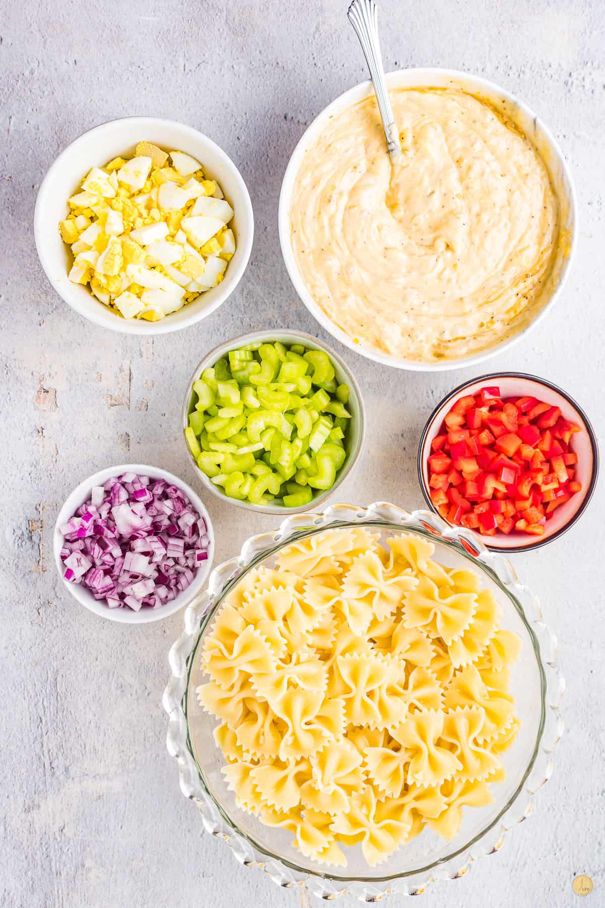 pasta salad ingredients in a bowl