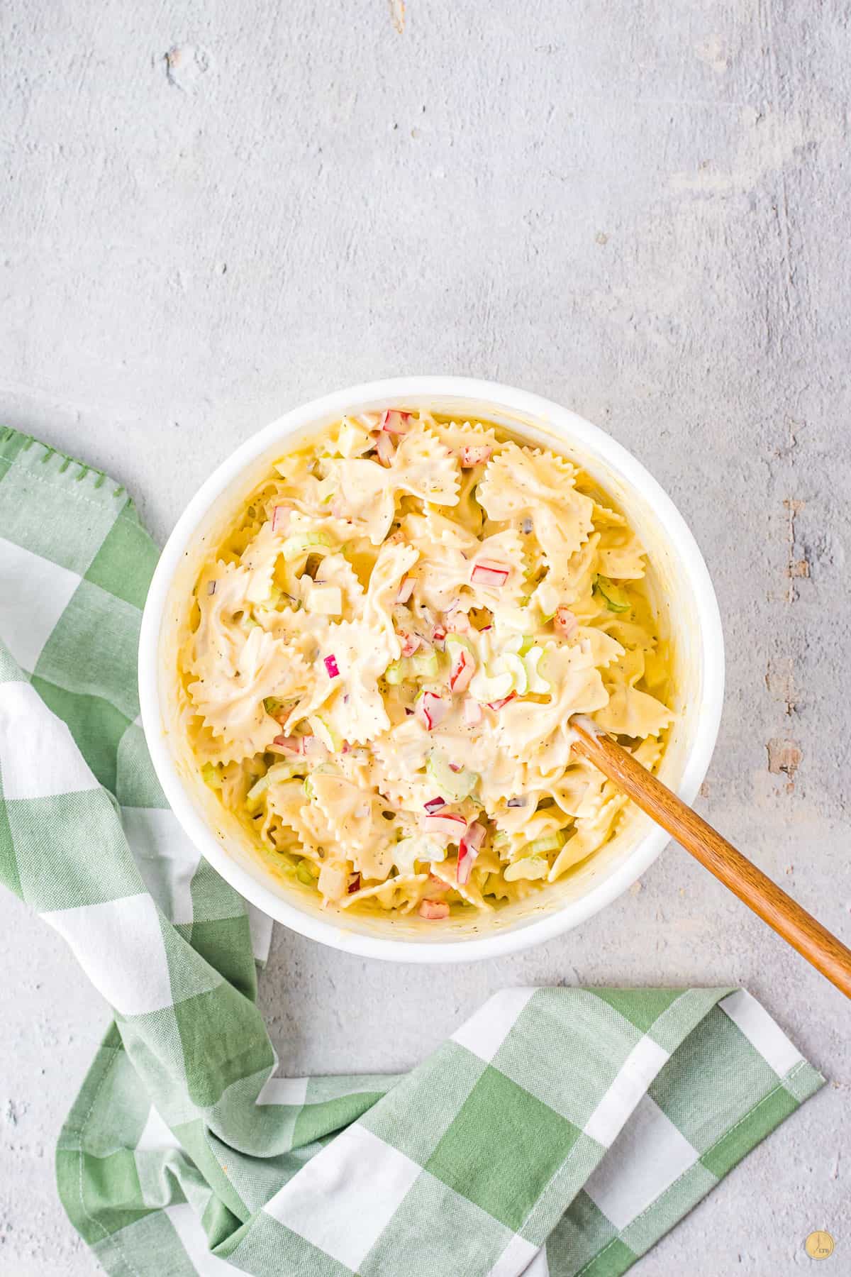 amish pasta salad in a bowl with a spoon
