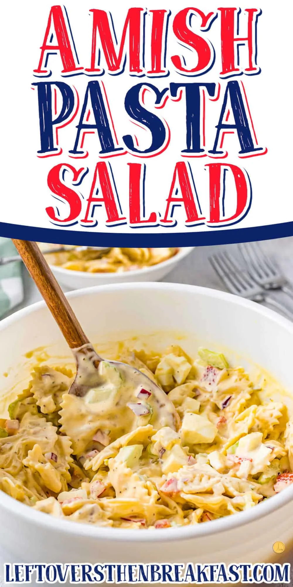 bowl of pasta salad with text "amish pasta salad"