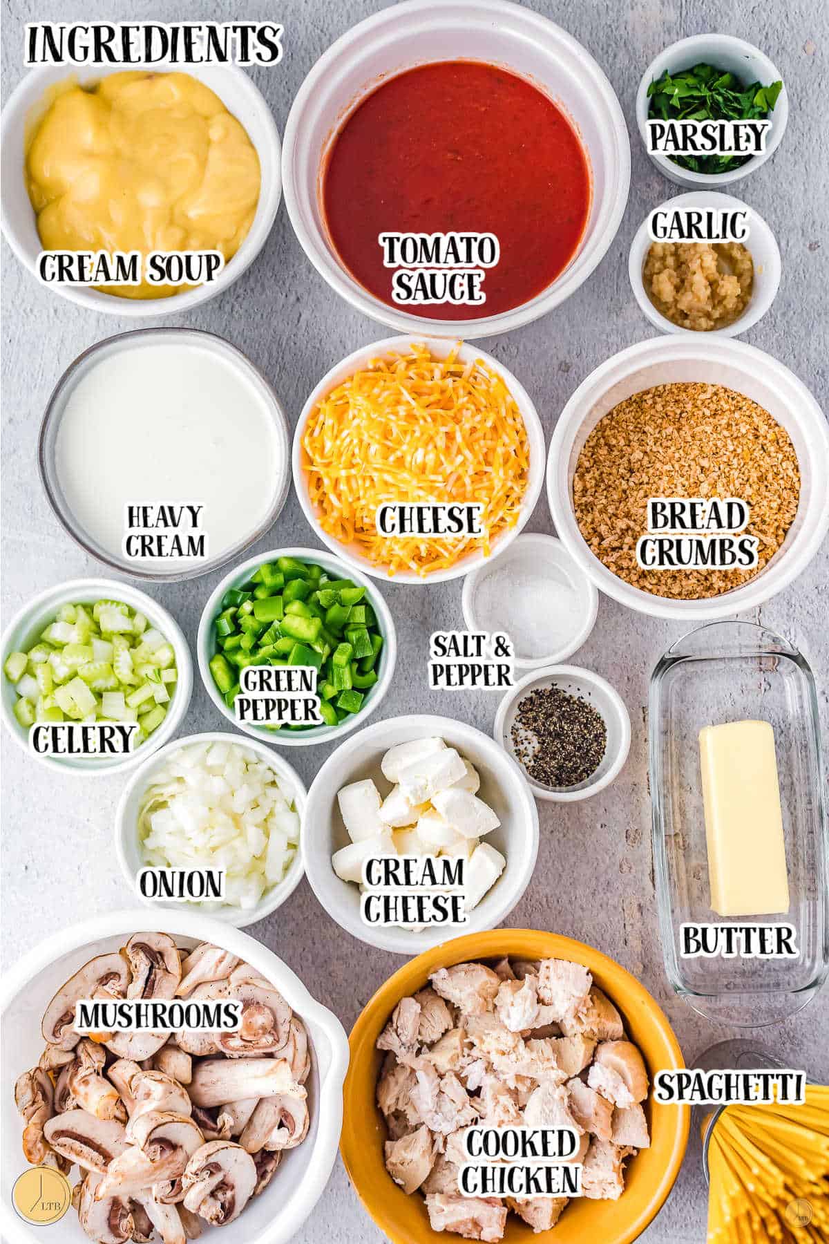 labeled picture of chicken tetrazzini ingredients