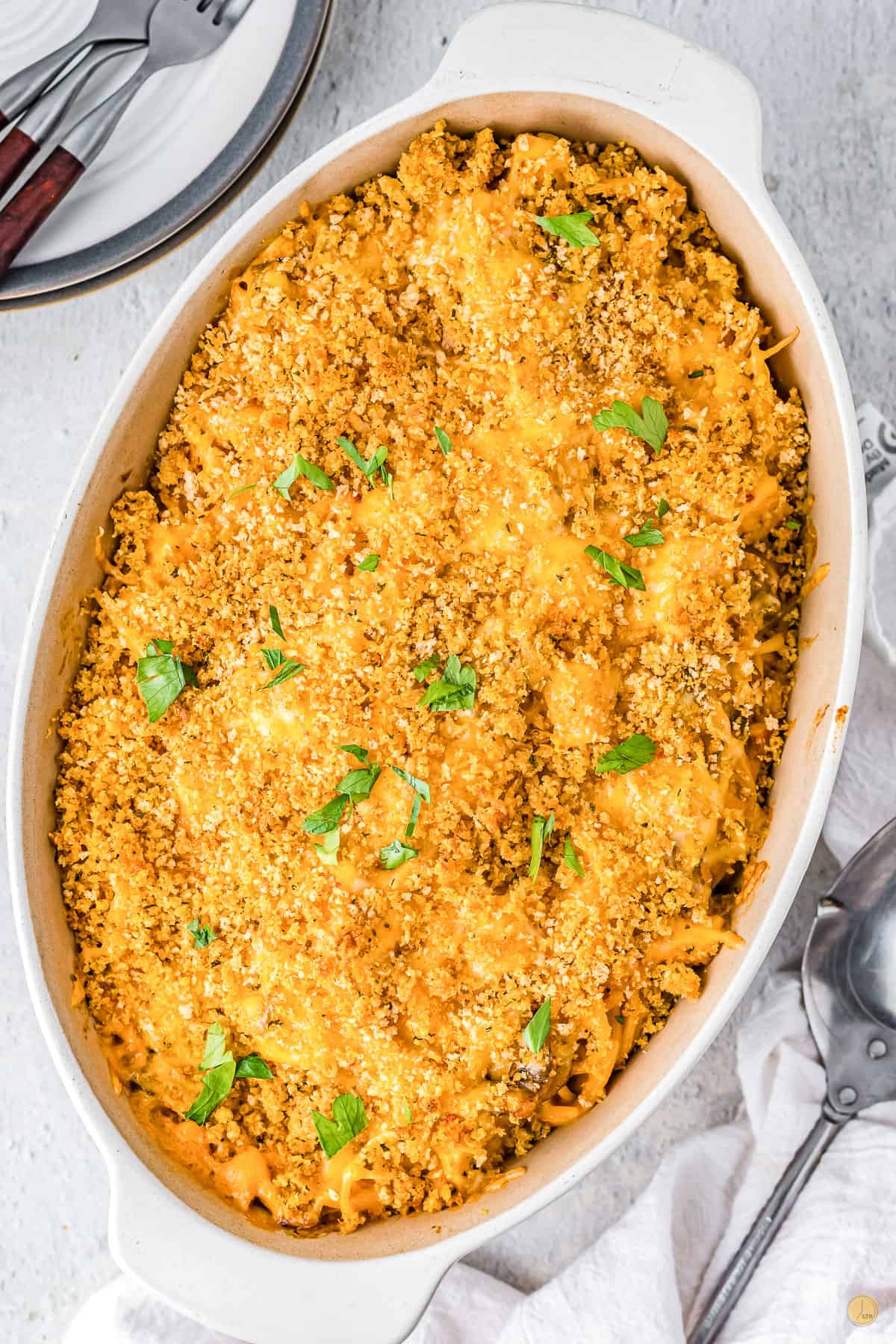 baked chicken tetrazzini in a while baking dish