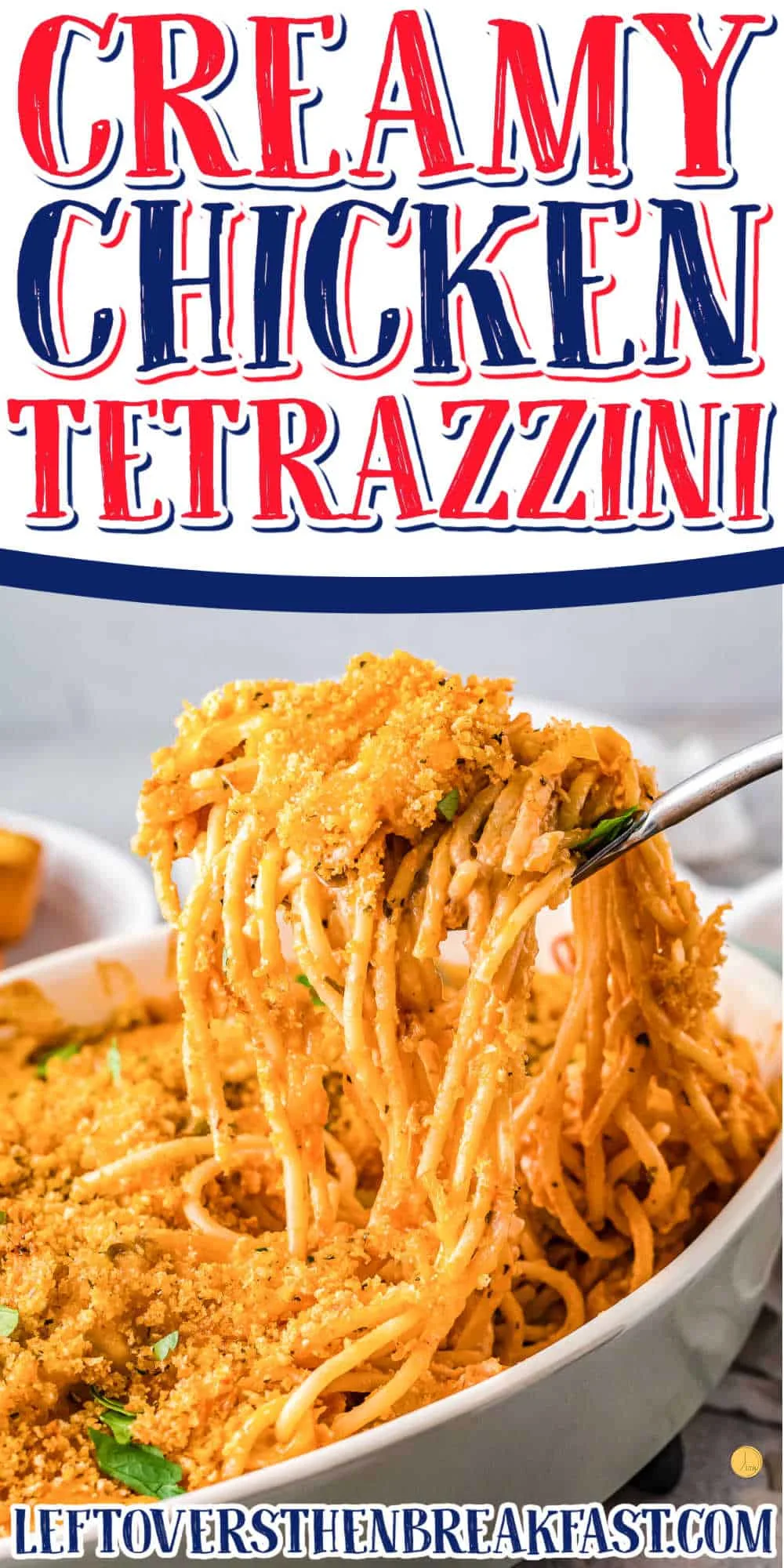 scoop of pasta casserole with text "creamy chicken tetrazzini"