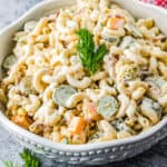 bowl of dill pickle pasta salad