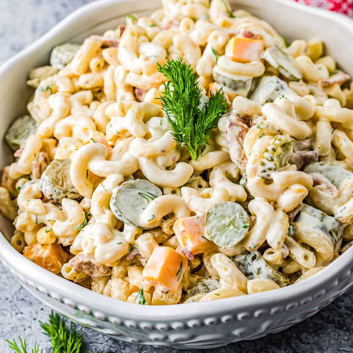 bowl of dill pickle pasta salad