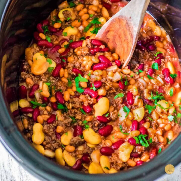 pot of beans with a spoon