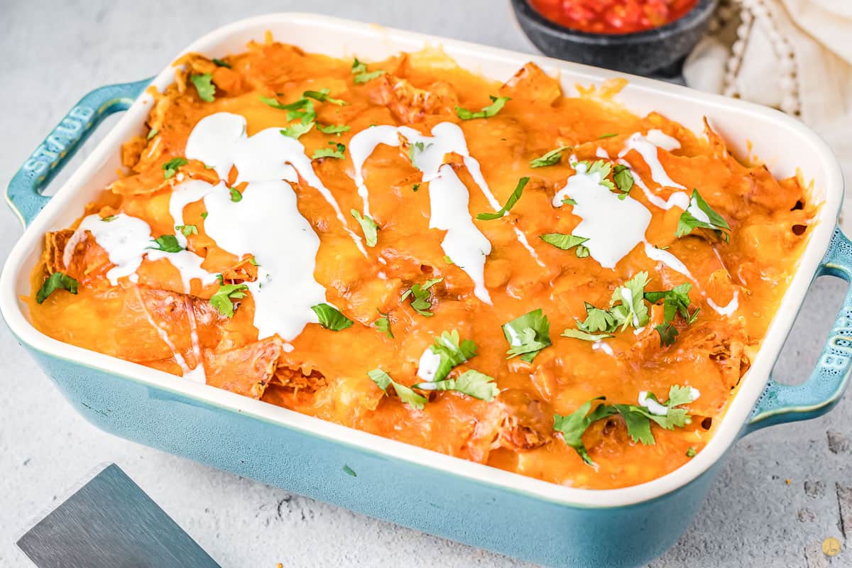 Doritos casserole in a blue dish