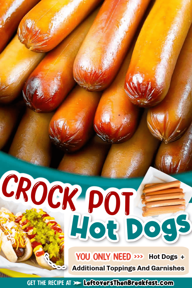 pinterest image for crock pot hot dogs with text "slow cooker hot dogs for a crowd!"