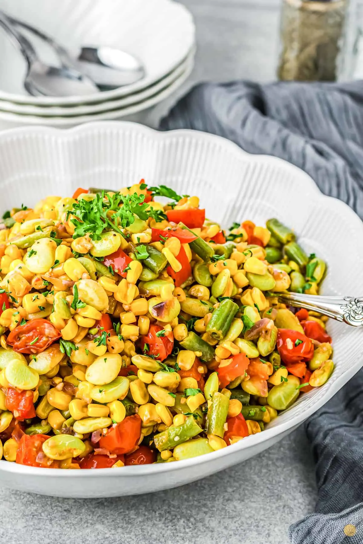 succotash in a white bowl