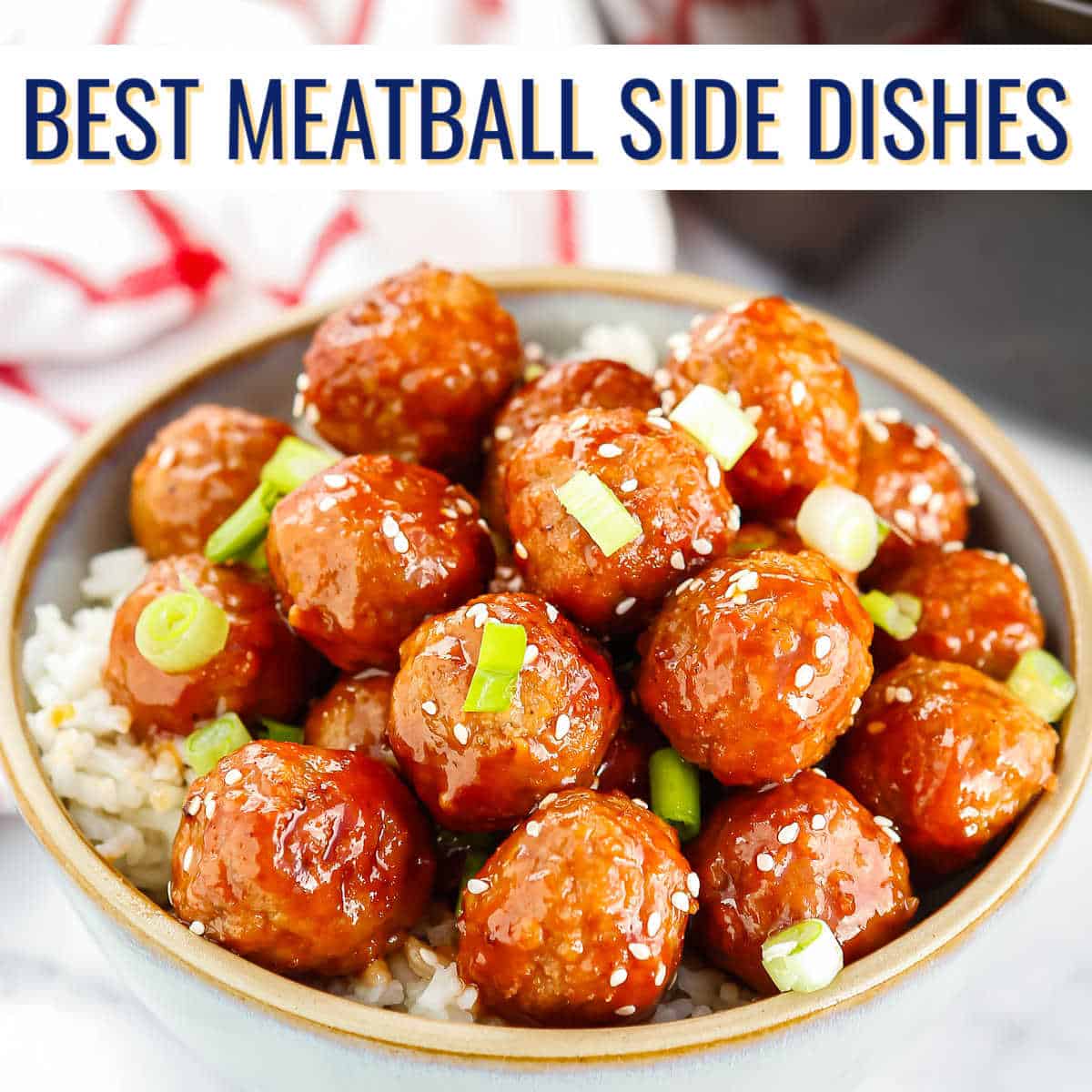 bowl of meatballs with white banner and text