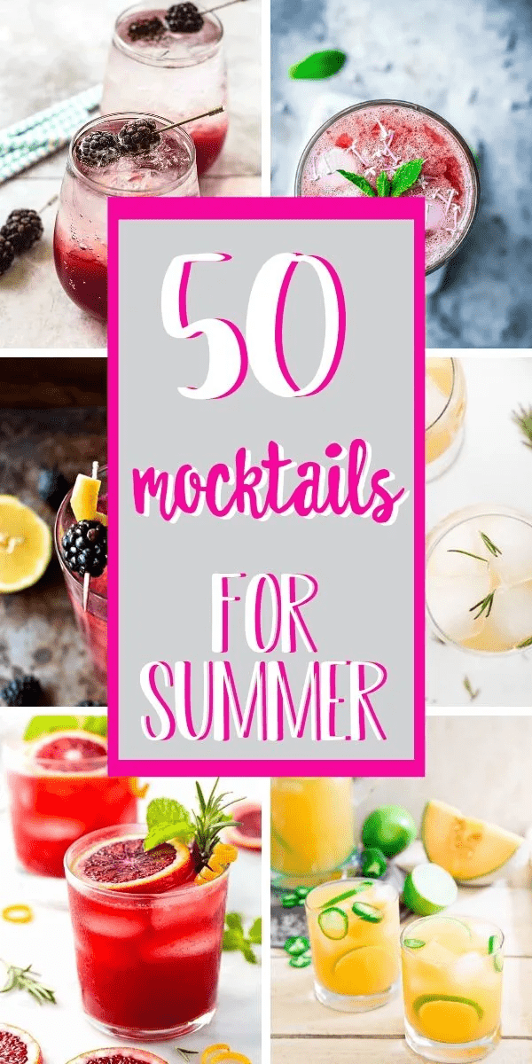 Collage of mocktails with text over it saying '50 mocktails for summer'.