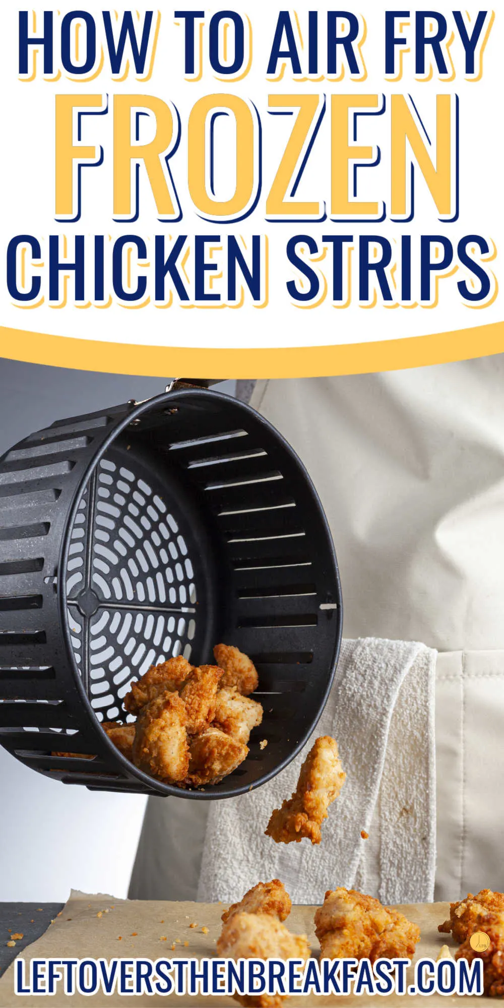 basket of chicken tenders and a white banner with text