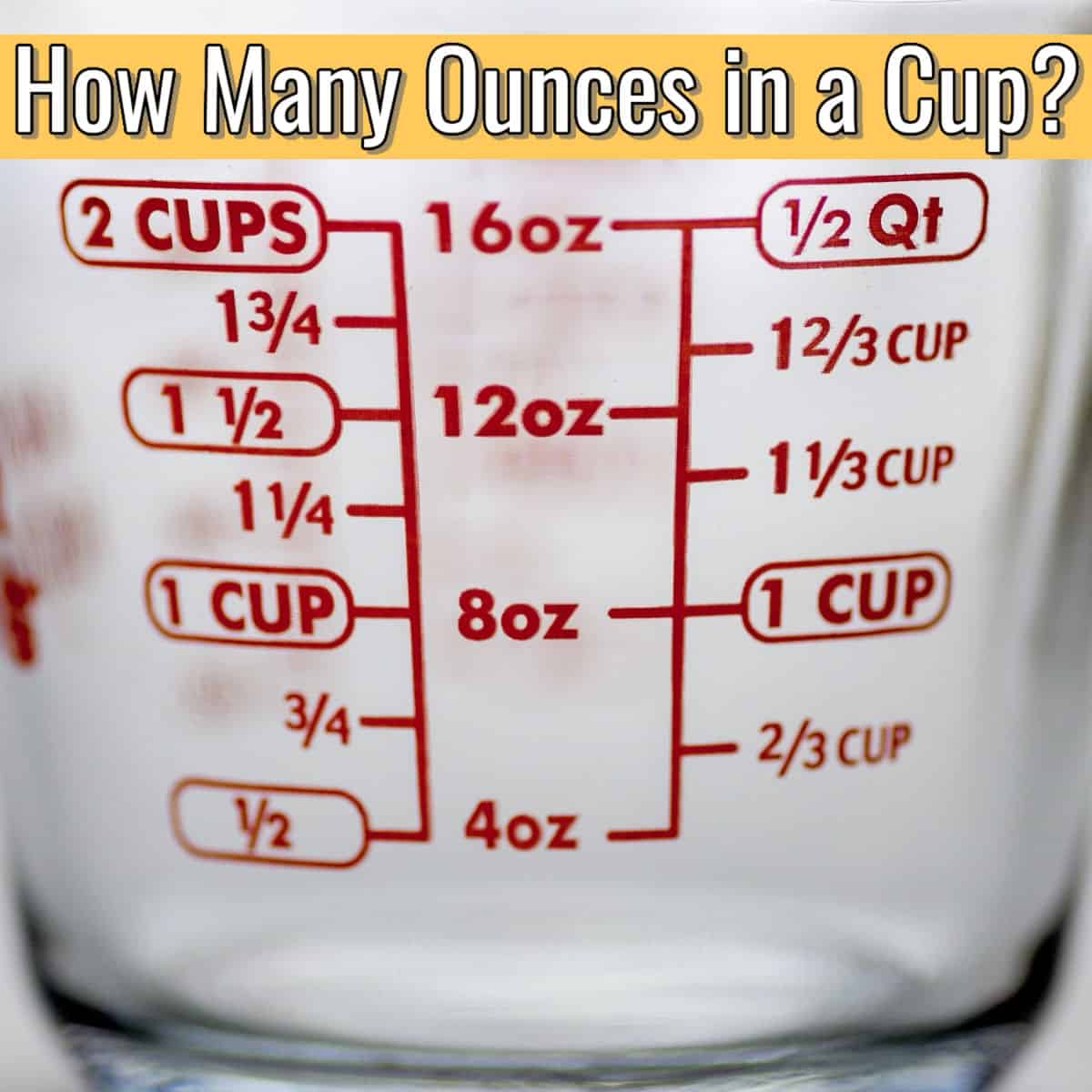 measuring cup with text "how many ounces in a cup?"