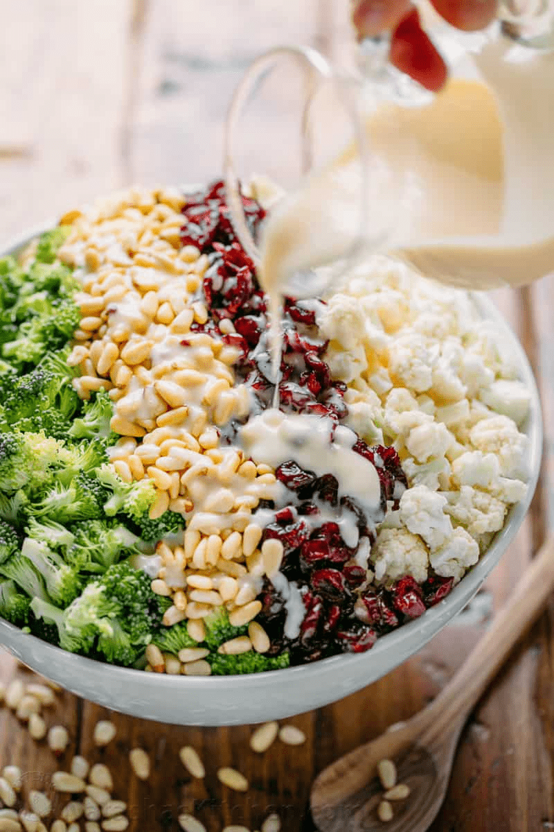 bowl of broccoli salad with pine nuts