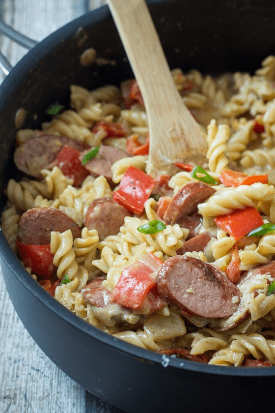 pan of pasta with sausage