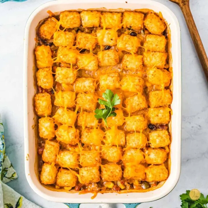 overhead picture of casserole with tater tots