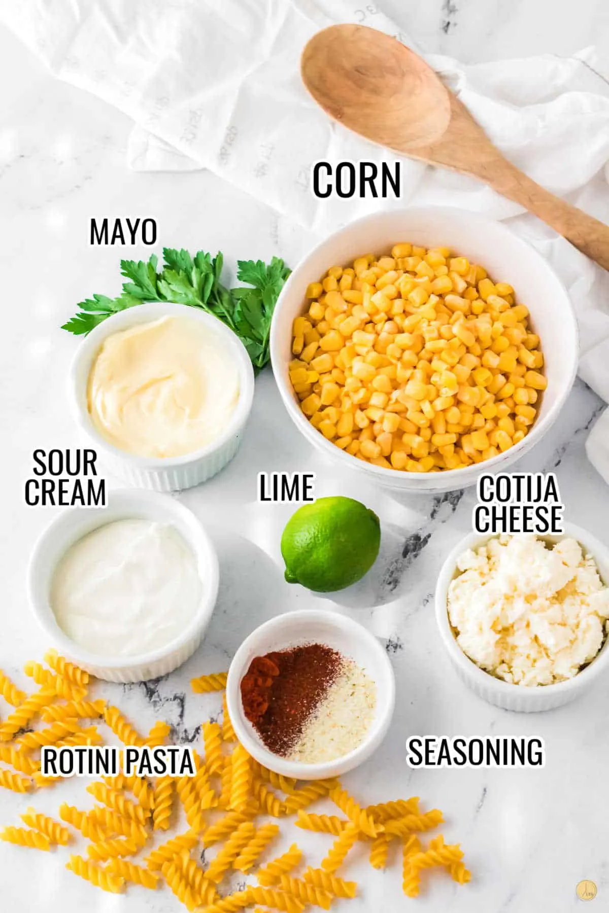 labeled picture of ingredients in individual white bowls.