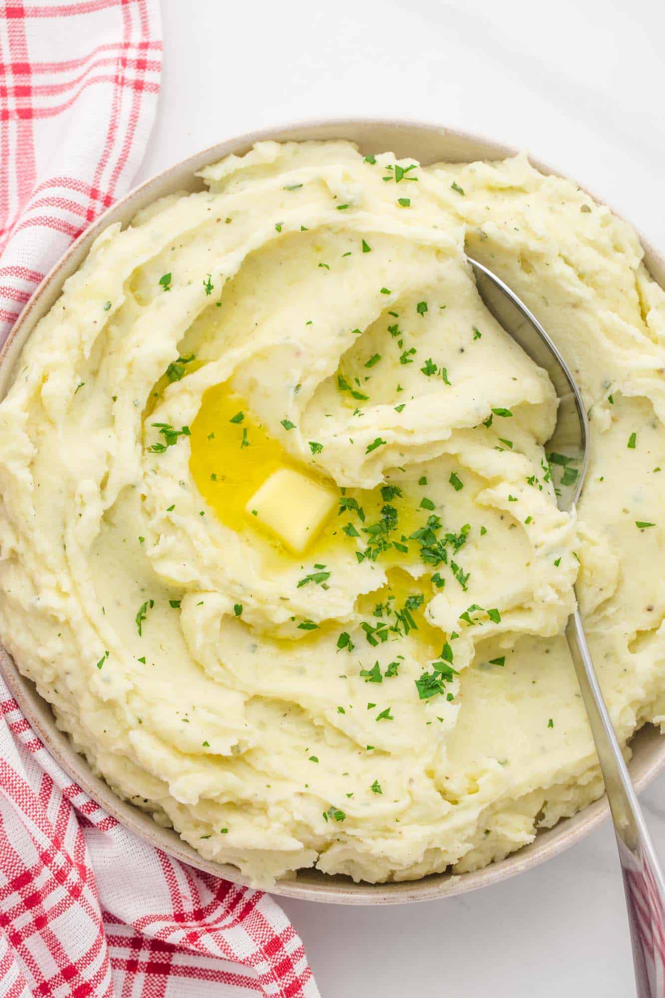 boursin mashed potatoes in a serving dish