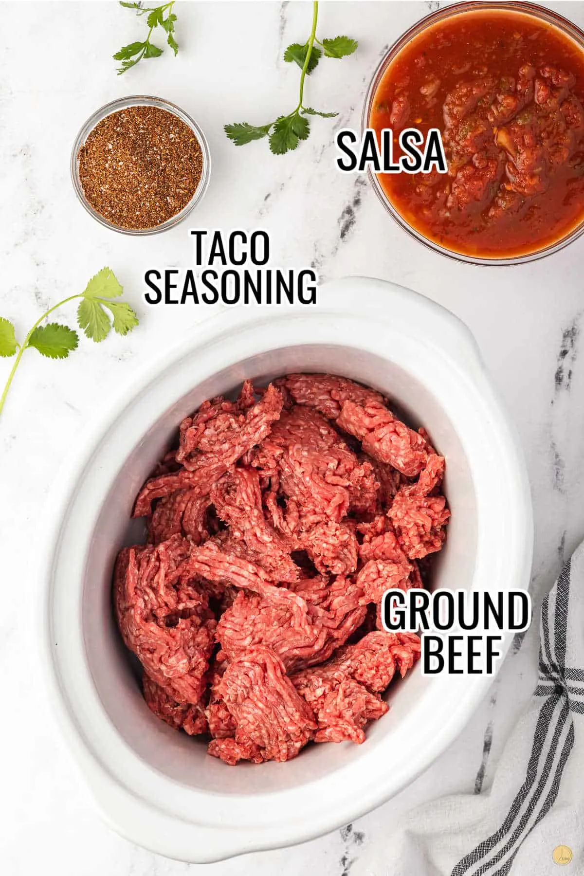 labeled picture of taco meat ingredients in bowls
