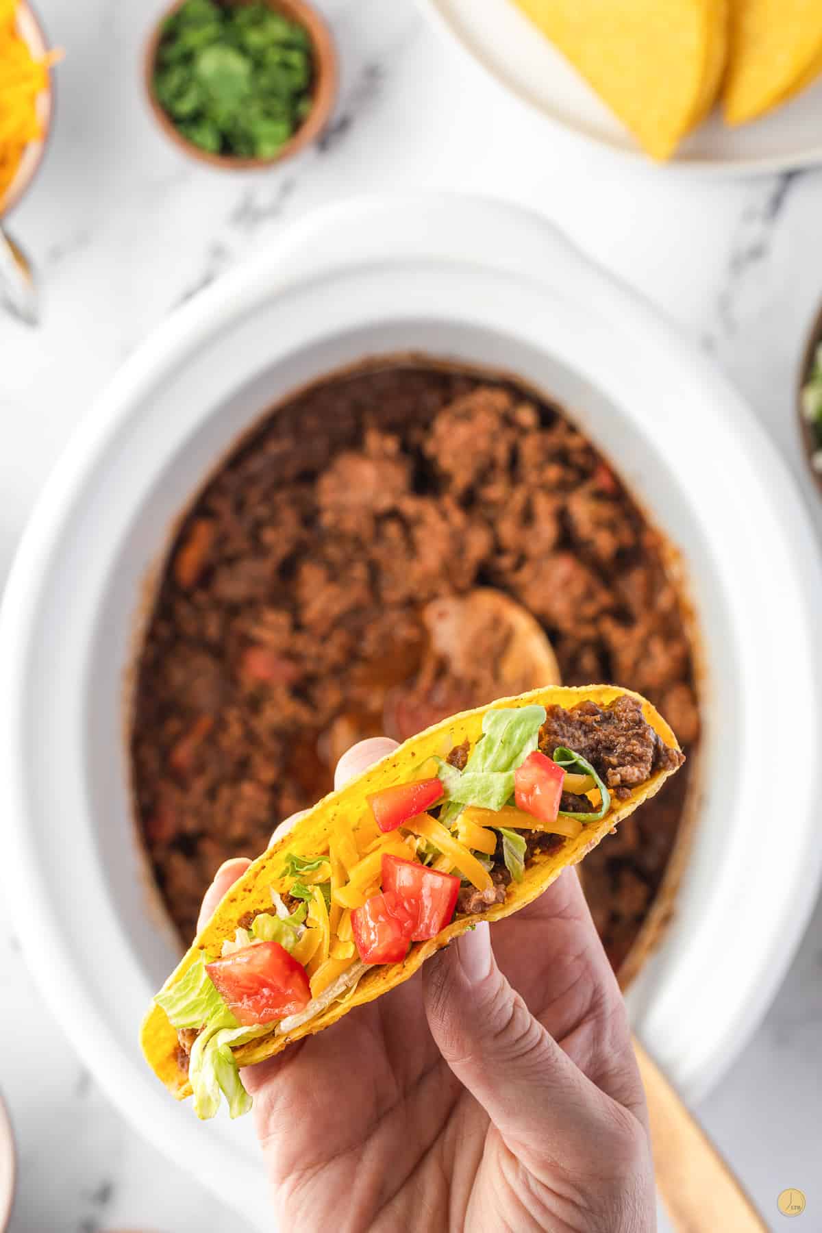 hand holding a taco over a crockpot