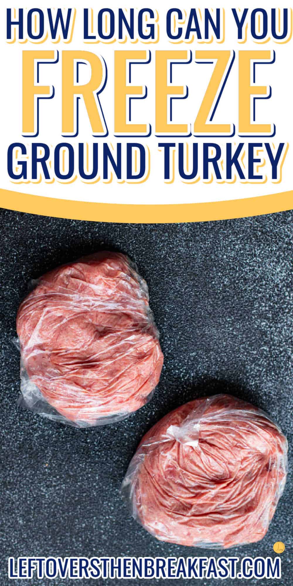 two packages of frozen turkey on a a black marble surface with text "how long can you freeze ground turkey?"