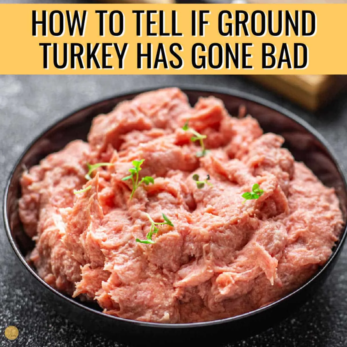 ground turkey in a black bowl with yellow strip and black text "how to tell if ground turkey has gone bad"