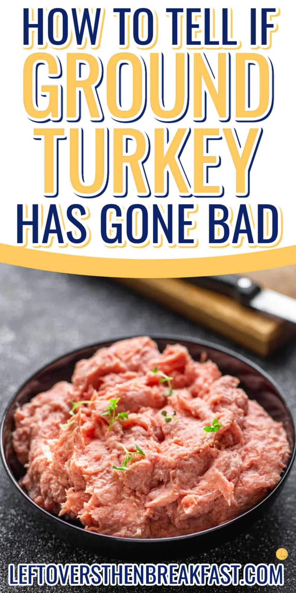 bowl of ground turkey with text "how to tell if ground turkey has gone bad"