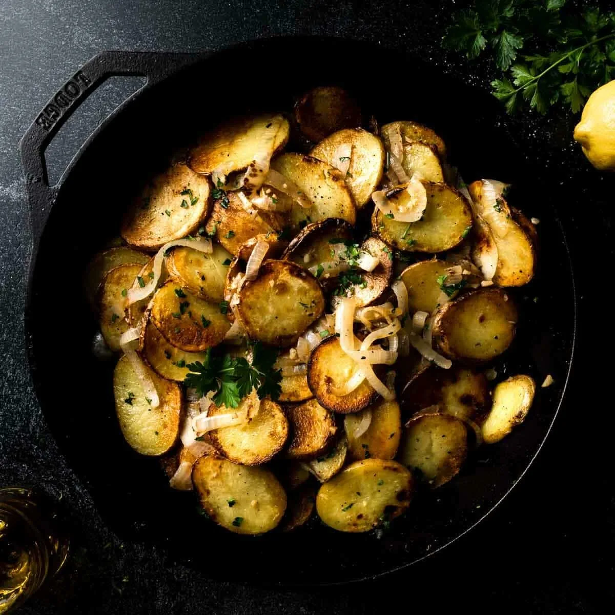 Lyonnaise potatoes in a cast iron pan