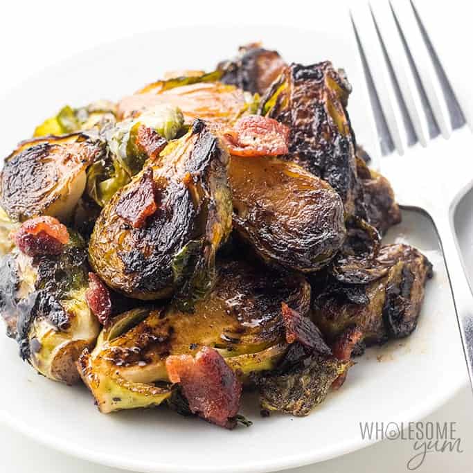 crispy pan fried brussels sprouts with bacon and balsamic