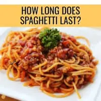 plate of spaghetti with yellow banner and text