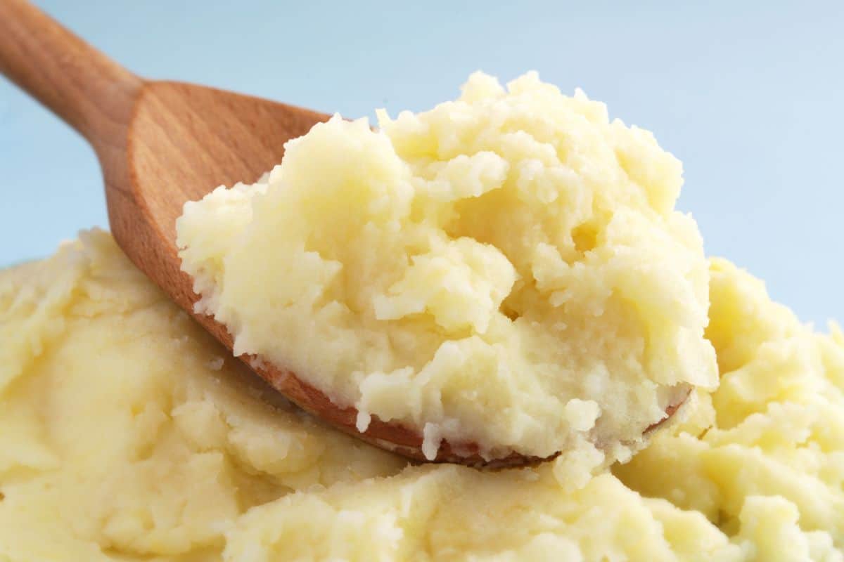 mashed potatoes on a wood spoon