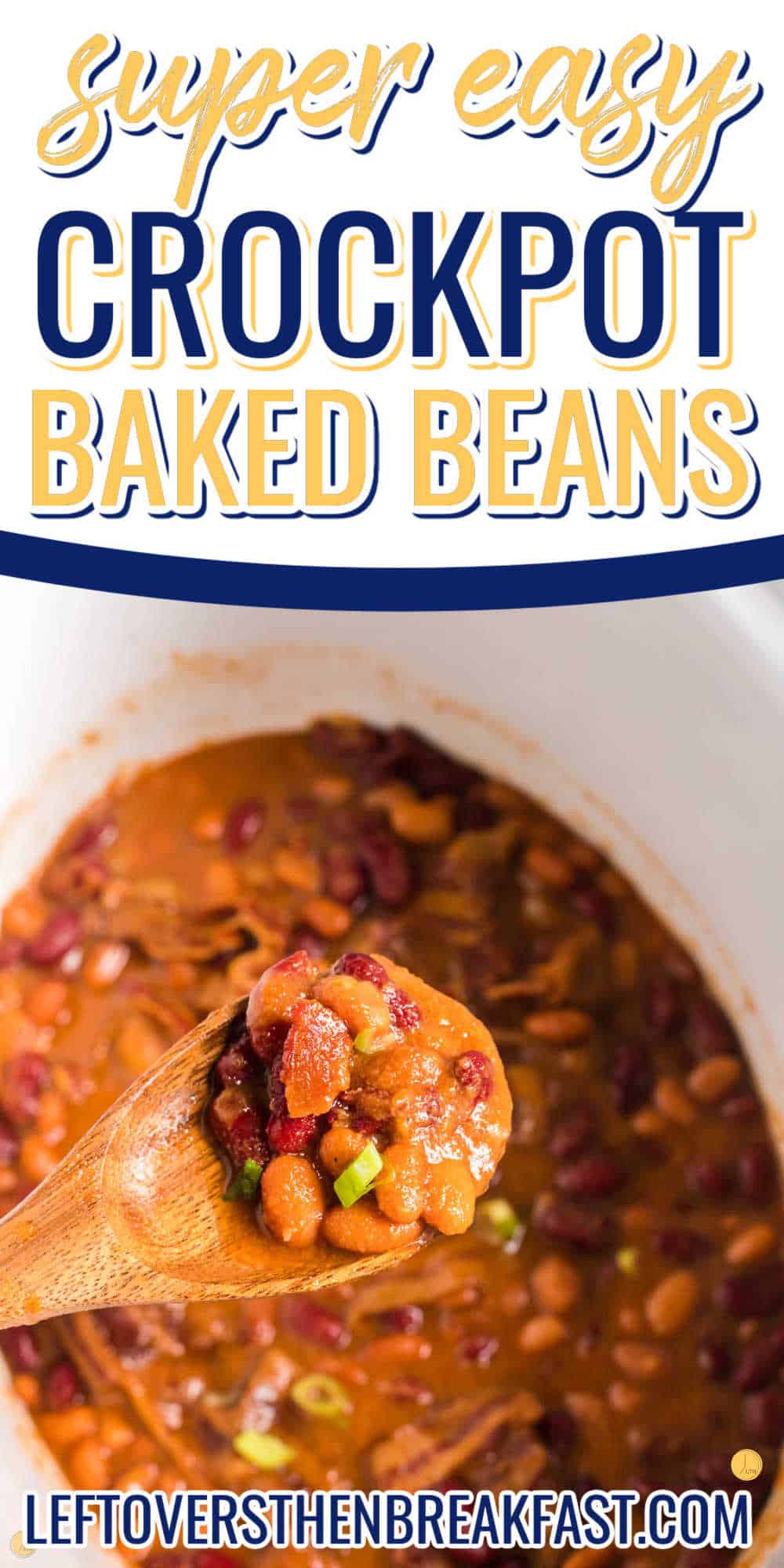 baked beans on a spoon with white banner and text