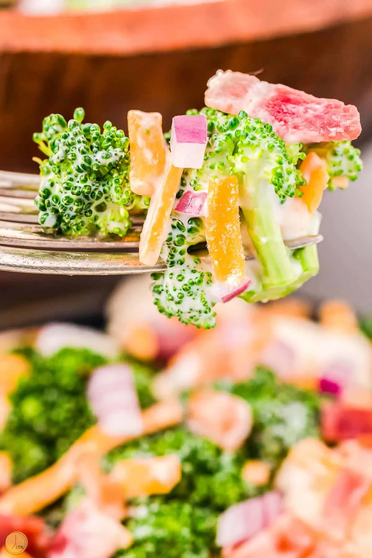 bite of amish broccoli salad on a fork