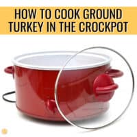 red slow cooker with yellow banner and text