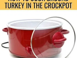 red slow cooker with yellow banner and text