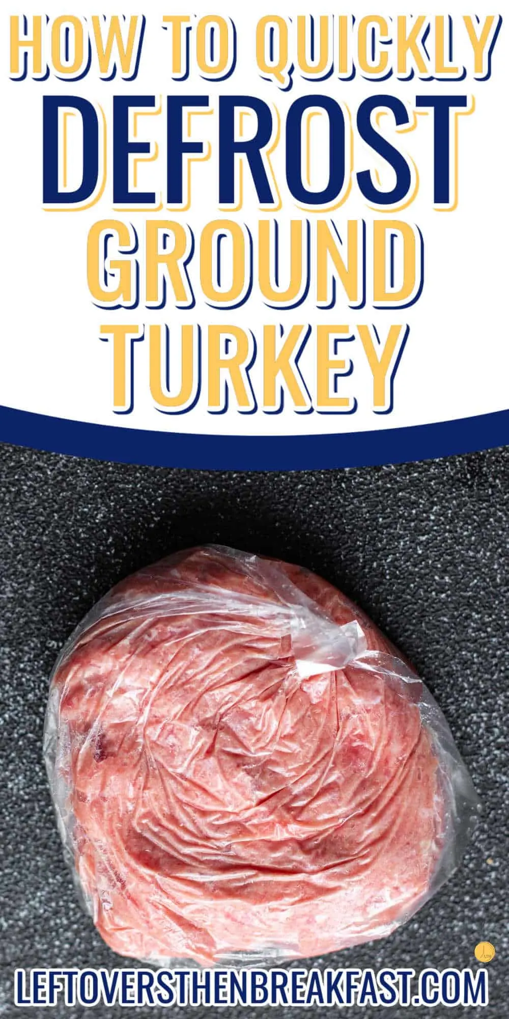 package of ground turkey with text "how to quickly defrost ground turkey"
