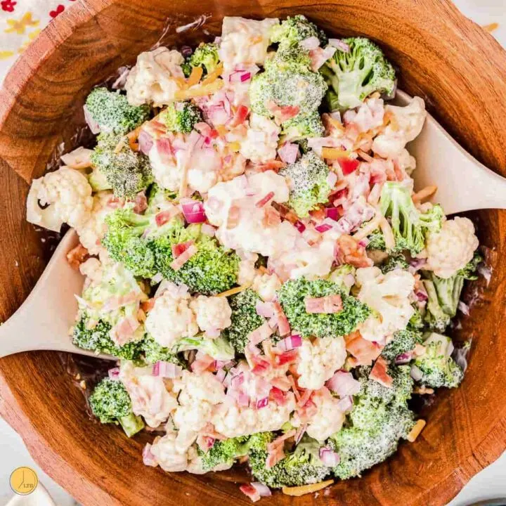 wood bowl of broccoli salad