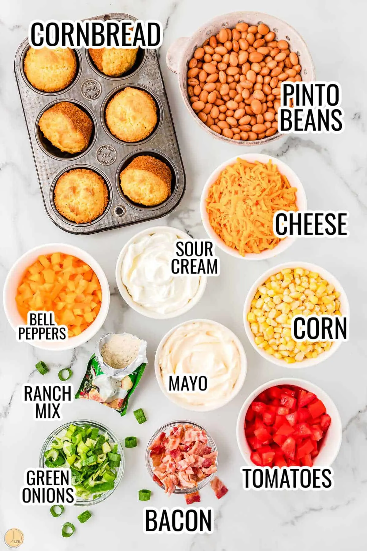 labeled picture of cornbread salad ingredients