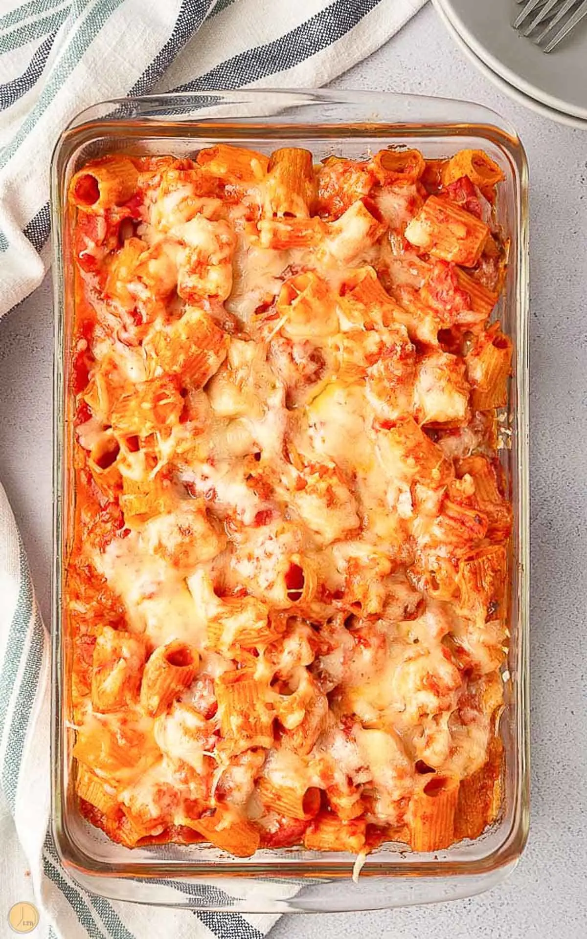 overhead picture of baked pasta in a casserole dish